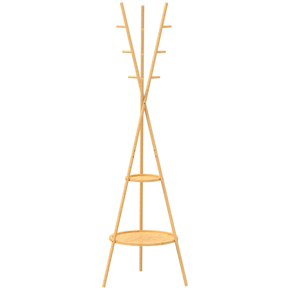 Freestanding coat rack with 9 hooks and 2 shelves for the entryway, natural