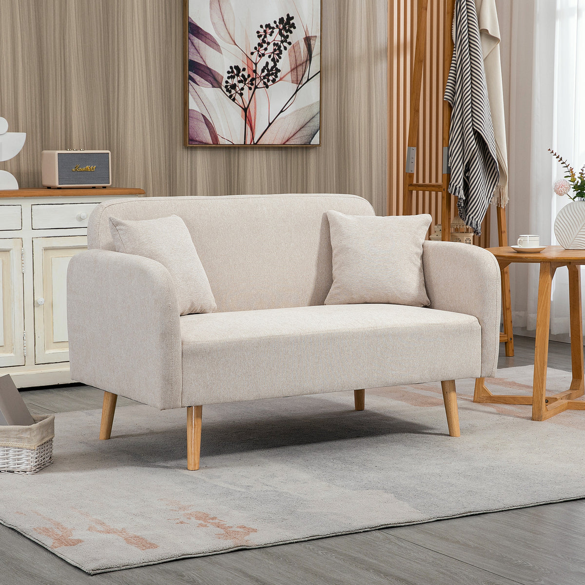 2-seater sofa, modern design, incl. 2 cushions, wooden legs, 130 x 70 x 80 cm, cream (2)