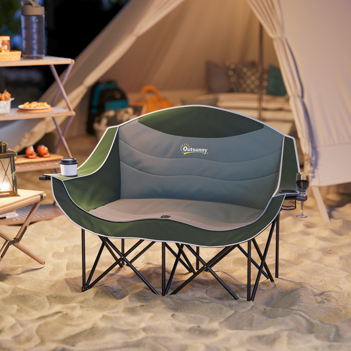 Folding chair, foldable 2-seater camping chair with cup holder and carrying bag, load capacity up to 250kg (2)