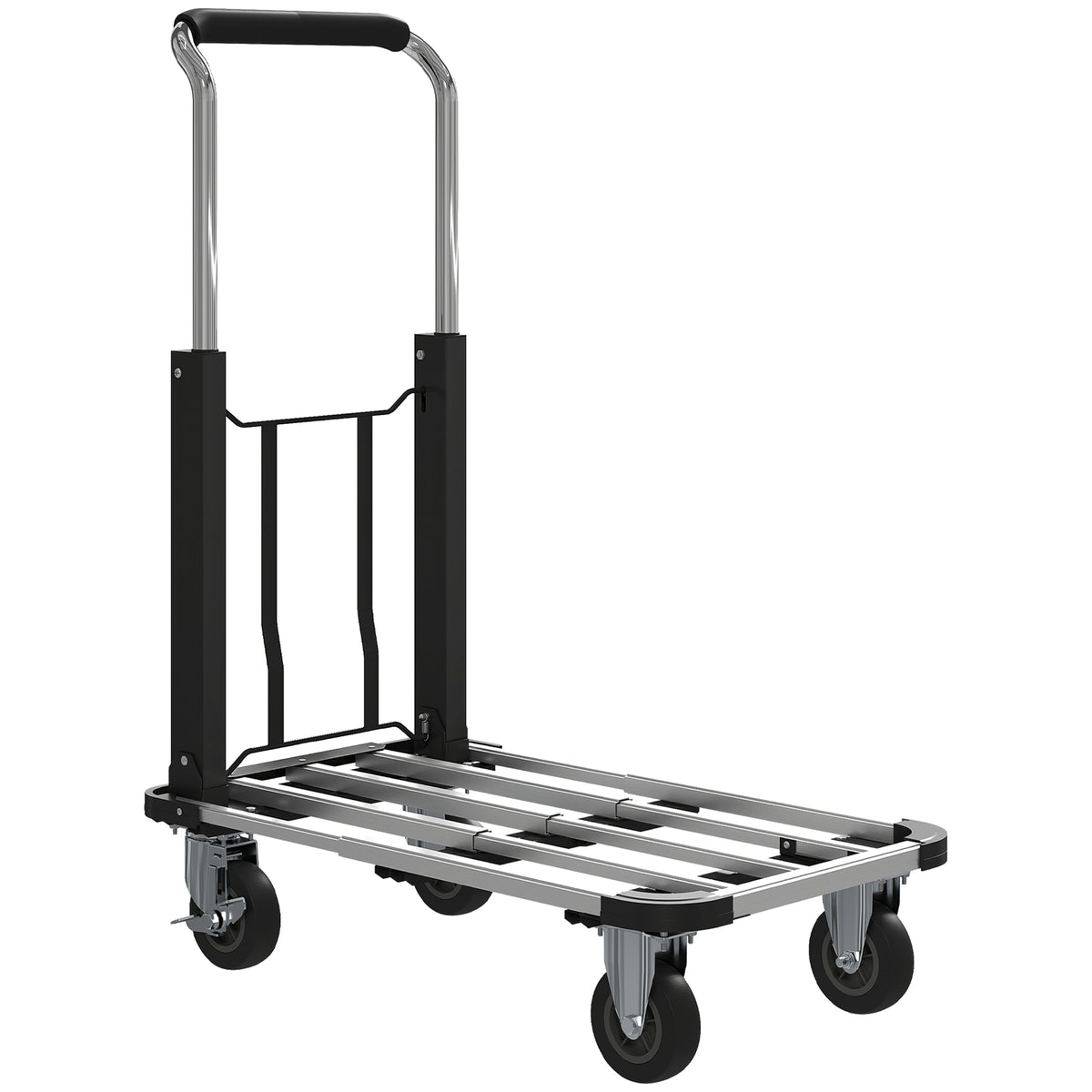 Foldable hand truck, 150 kg load capacity, extendable surface, height-adjustable handle, for crates, metal