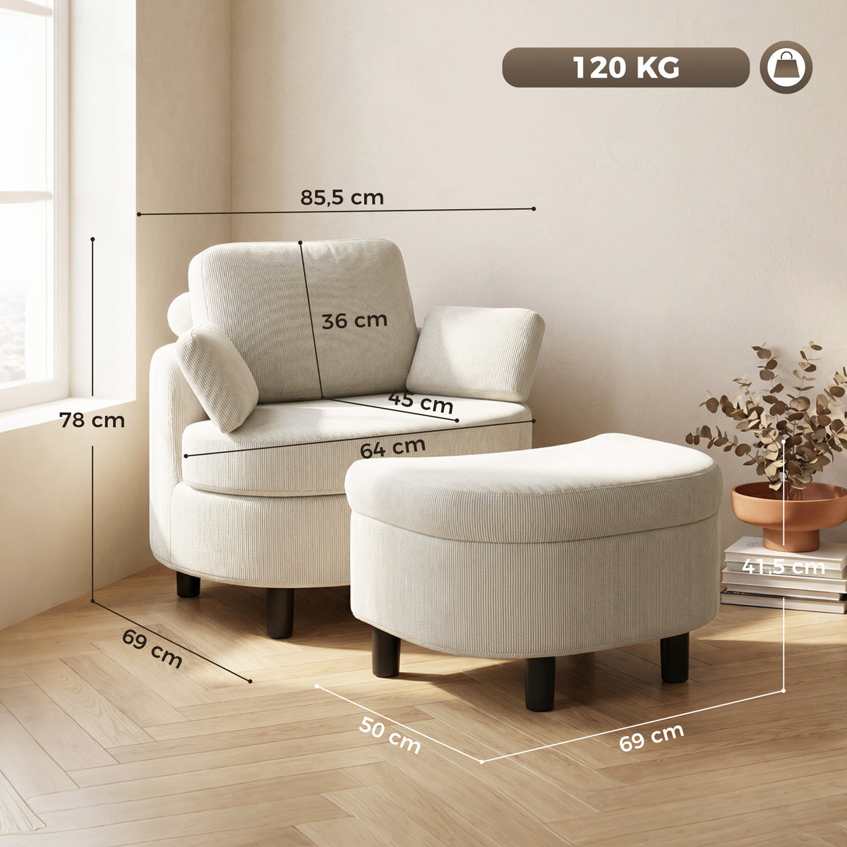 Armchair with storage ottoman, corduroy upholstery, wraparound reading chair with adjustable headrest, wide seat (3)