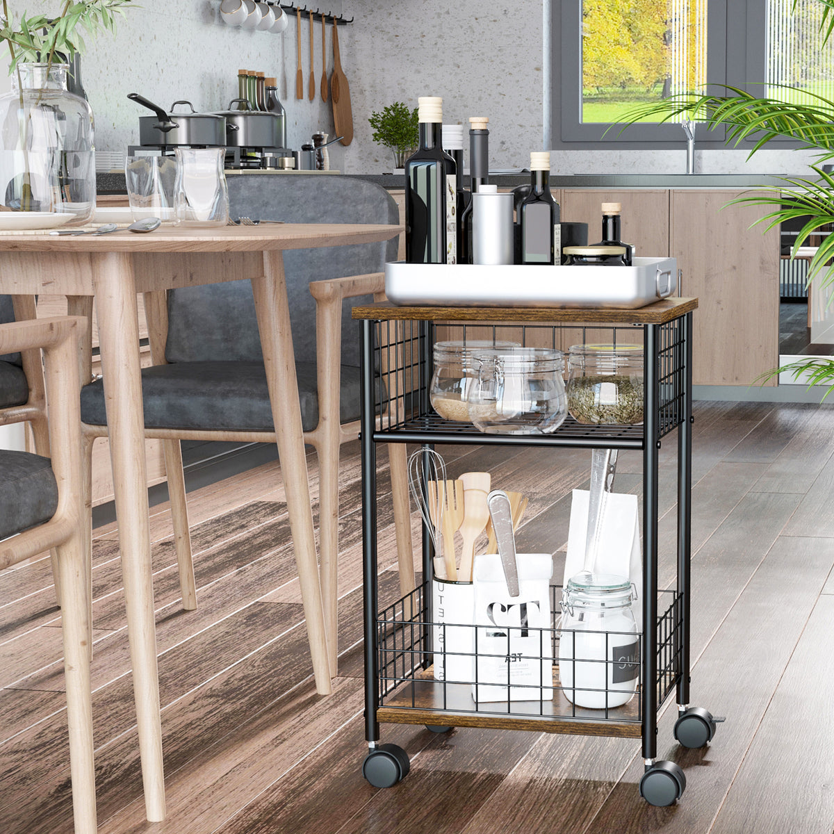 Kitchen trolley in industrial design 1 shelf 1 storage basket 4 wheels 40 cm x 30 cm x 62 cm steel black + brown (2)