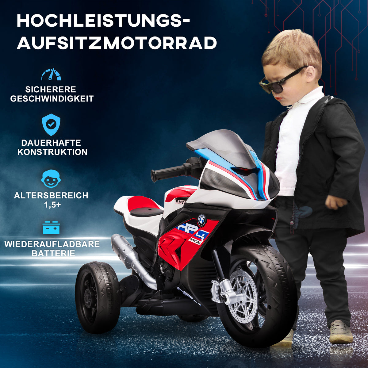 Children's motorcycle, electric motorcycle, headlights, 3 music modes, for children 1.5-5 years old, red, 82.5 x (4)