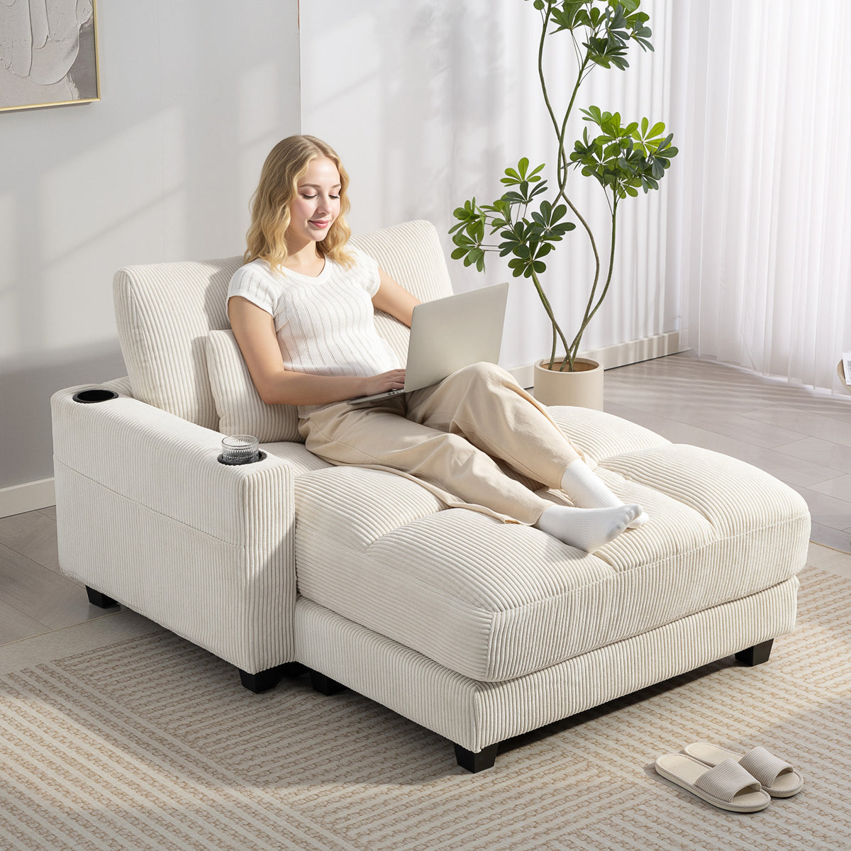 Sofa bed with cushions, foam, convertible into a bed, cup holder, cream white (2)