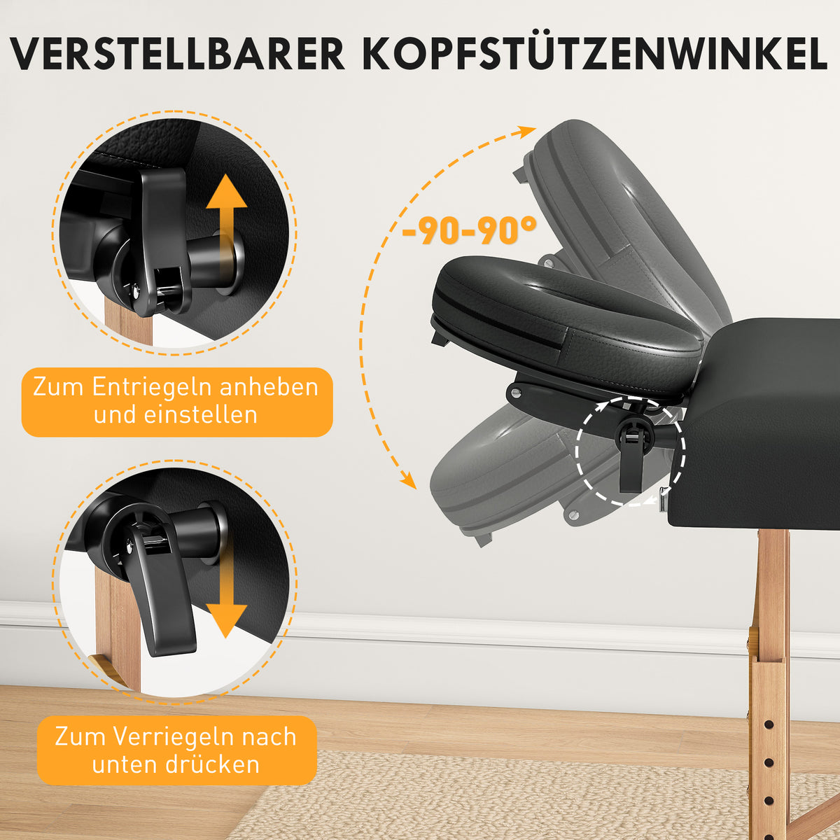 Height-adjustable massage table, wooden frame, foldable massage bed, foam padding, black (5)