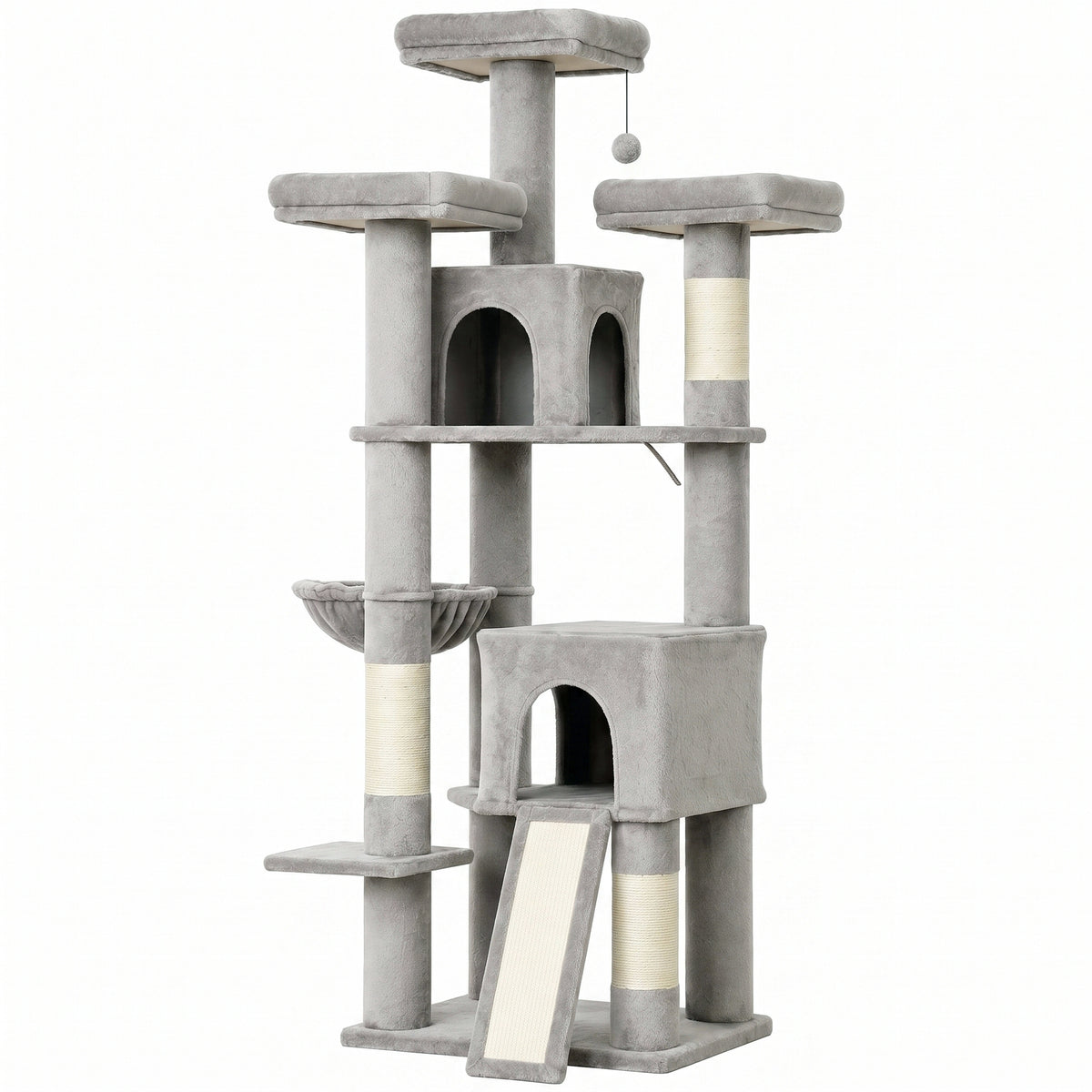 Large cat tree, 184 cm high, cat tree with 3 scratching posts, lounging areas, play ball, hammock, ladder, for