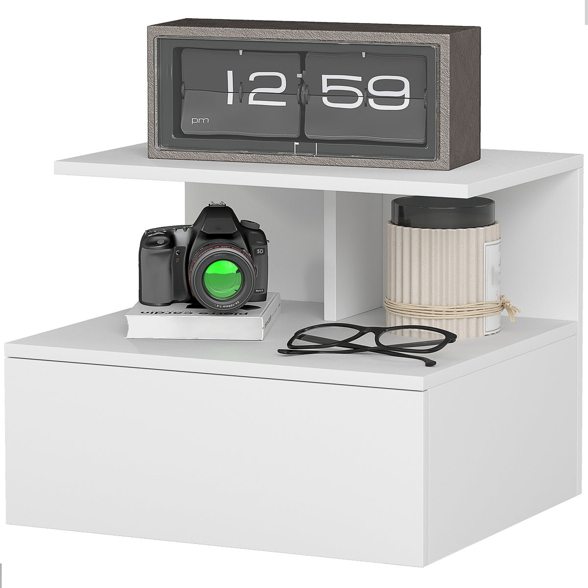 Wall-mounted nightstand, side table with drawer, open compartment, white, 39.8 x 35 x 31.6 cm