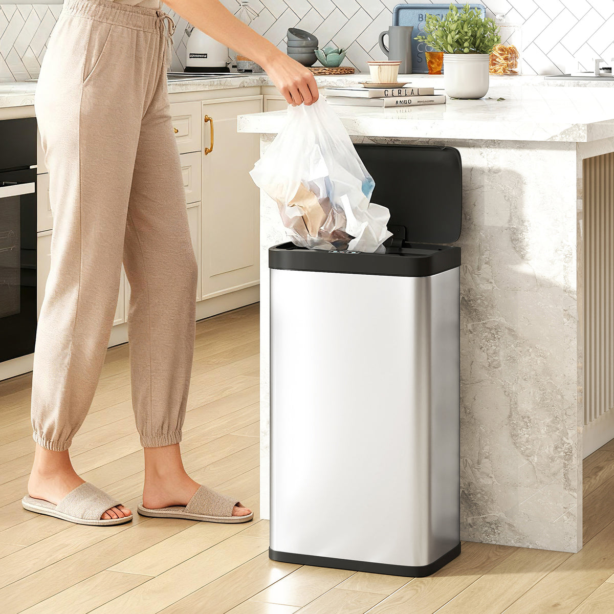 Sensor trash can, 45L kitchen bin with soft-close lid, motion sensor for kitchen, bedroom, office, silver (2)