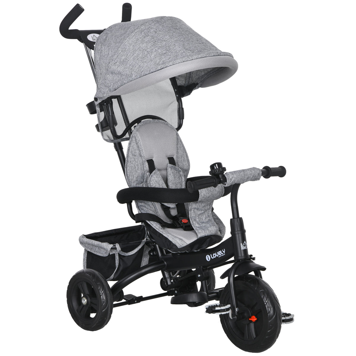 6-in-1 children's tricycle with push bar, canopy, harness, storage basket, for ages 1-5, grey