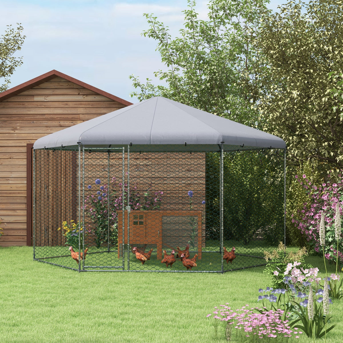 Chicken coop with shaded roof, galvanized steel, for 10-15 animals, silver (2)