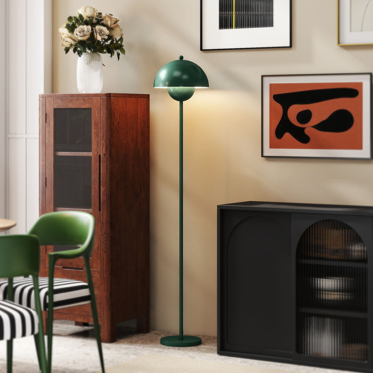 Floor lamp, round shade, foot switch, long cable, elegant look, steel, green (2)