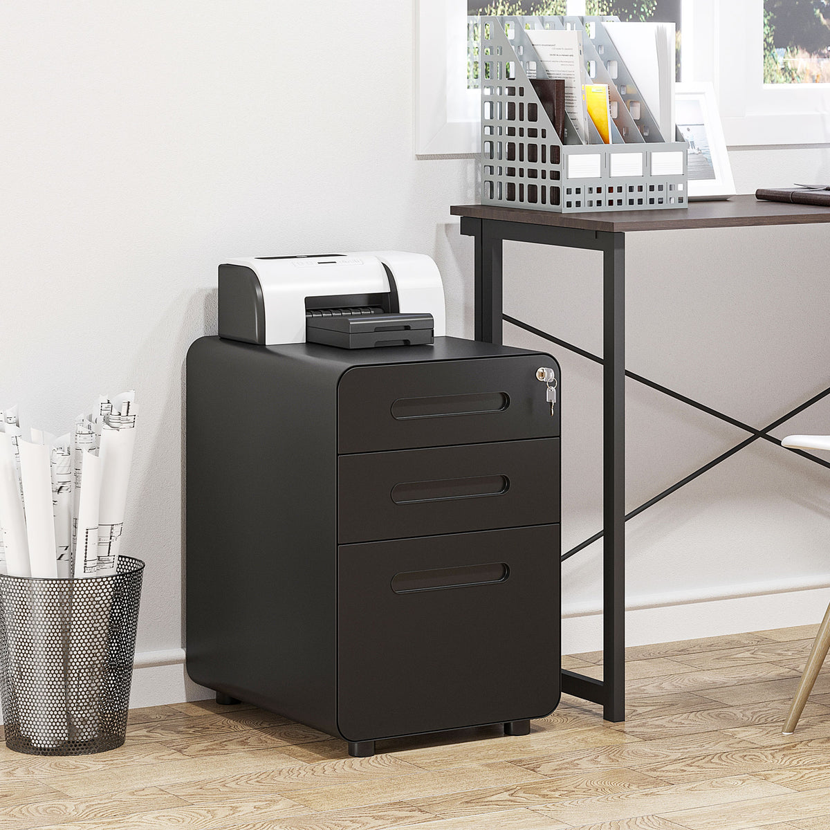 Mobile pedestal with 3 drawers, lockable mobile filing cabinet with casters, office cabinet with hanging file (2)