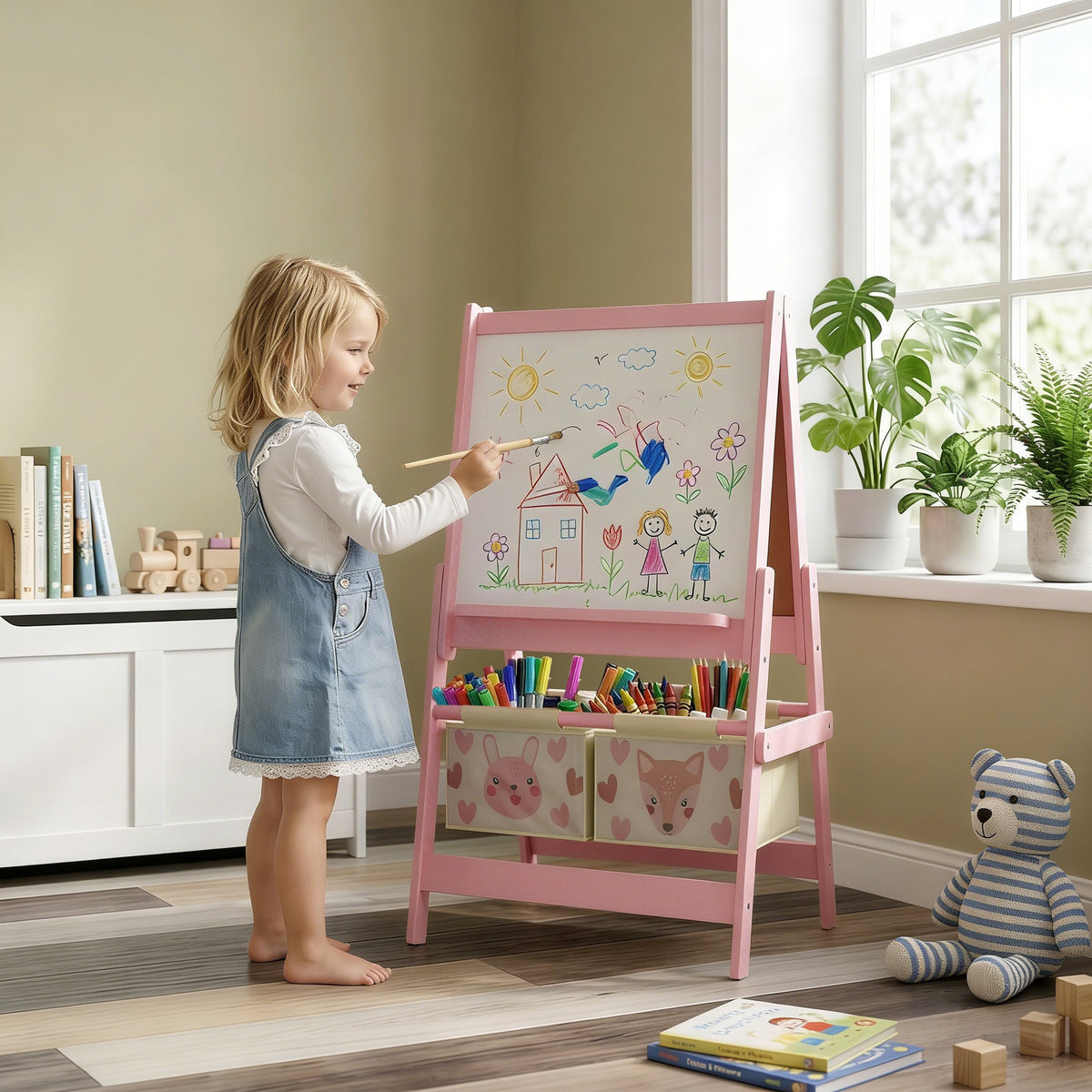 3-in-1 children's easel with paper roll, chalkboard, whiteboard, storage baskets, 54 x 46.5 x 93 cm, pink (2)