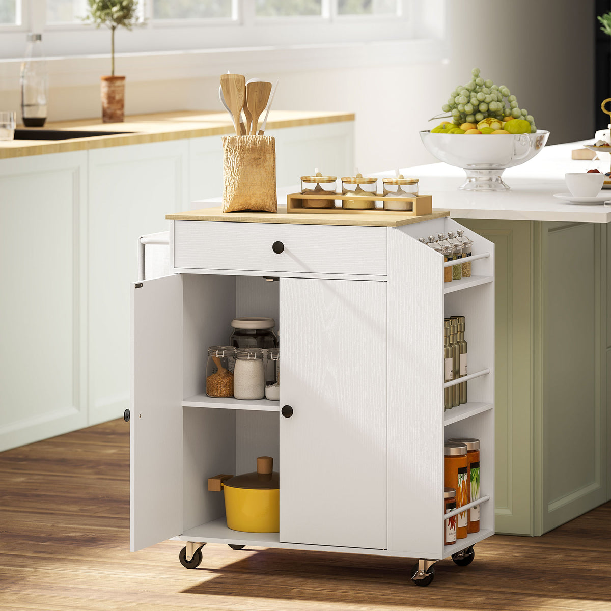 Kitchen trolley with drawer, cabinet compartment, spice rack, towel rail, 82 x 38 x 86.5 cm, white/oak (2)