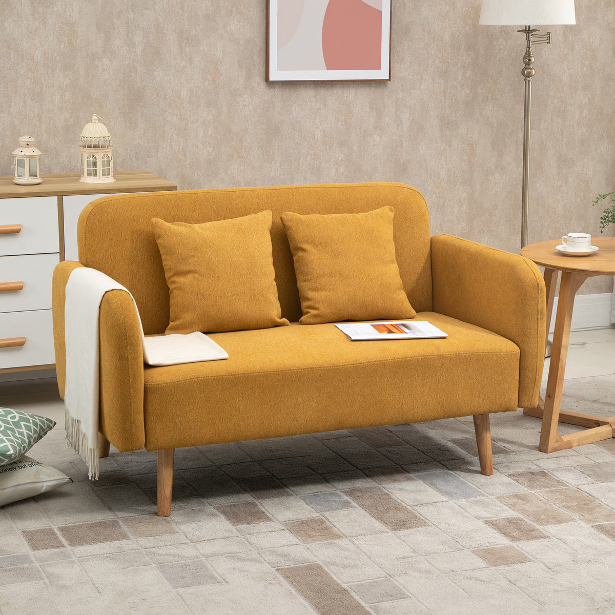 2-seater sofa couch with 2 throw pillows, small loveseat with velvet look, modern upholstered sofa for living (2)