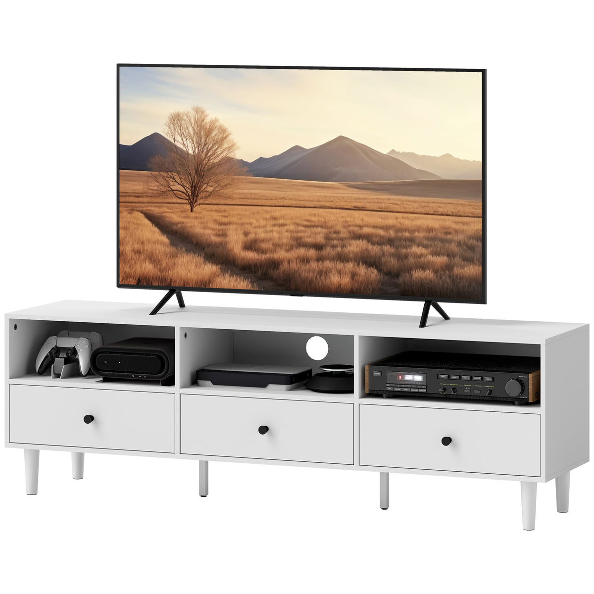 TV console, TV stand for 75-inch screens, 3 open compartments, 3 drawers, particle board, white
