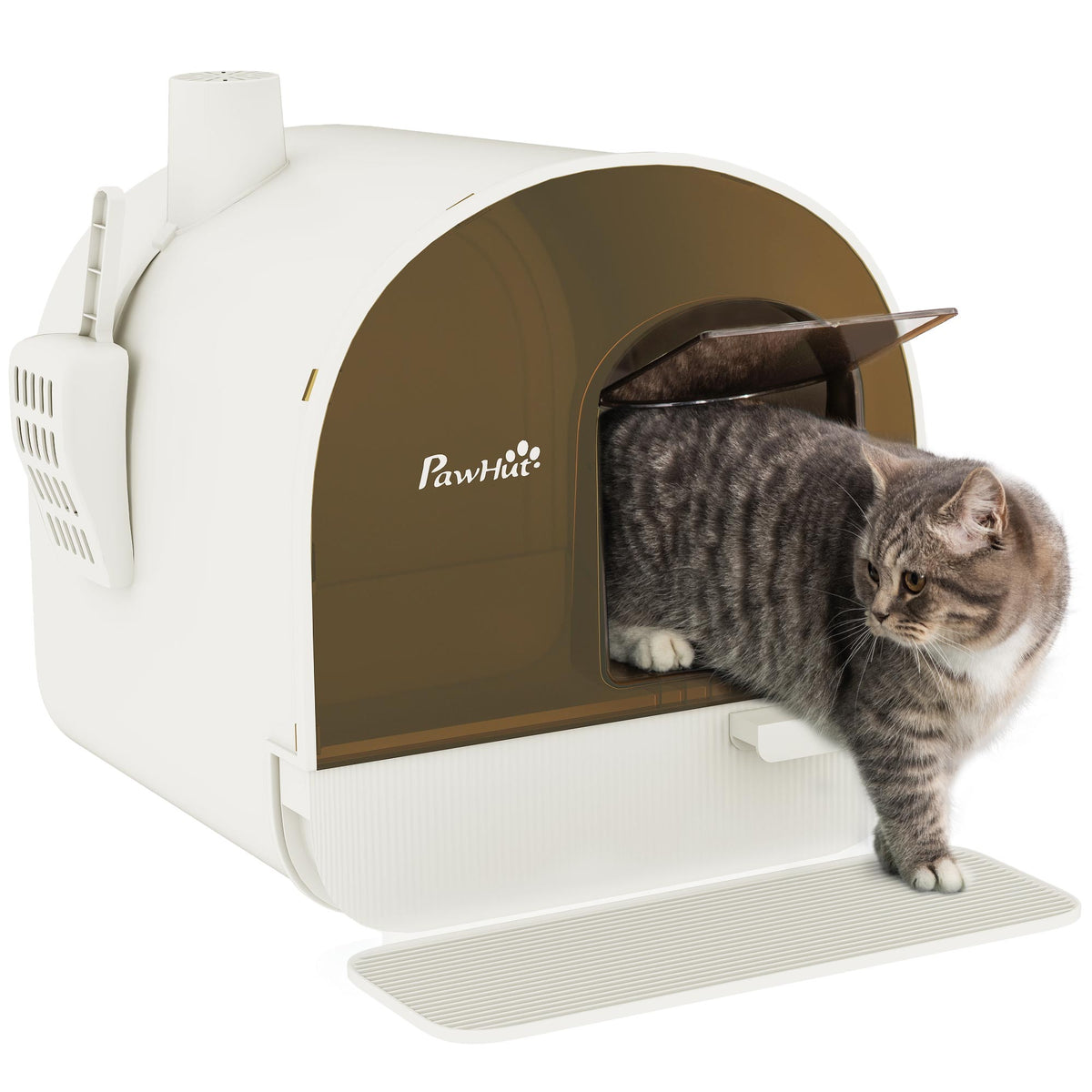 Cat litter box with filter, 1 replacement filter, 1 floor mat, 43 cm x 44 cm x 47 cm, black + white