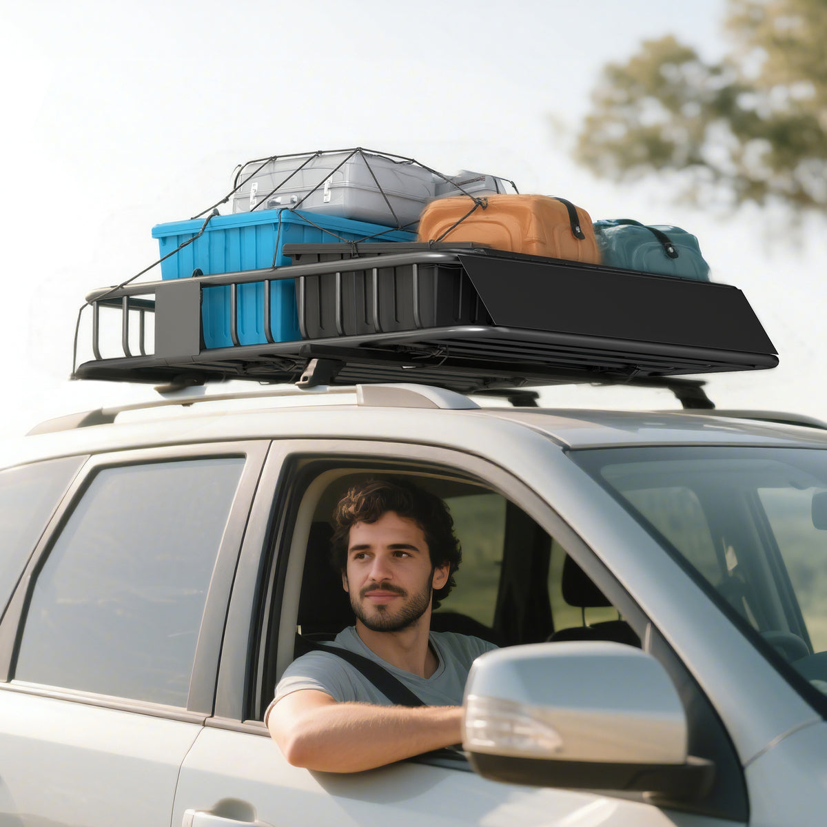 Roof rack for cars, car roof basket, 90.7 kg load capacity, roof rack with wind deflector, steel tubes, black (2)