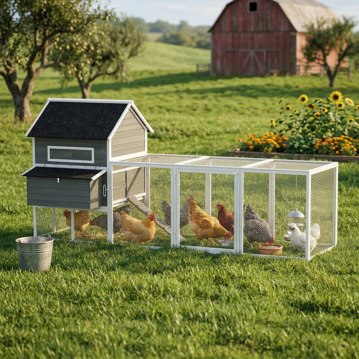 Wooden chicken coop with run, nesting box, asphalt roof, and pull-out tray, for 4-6 chickens, 347x160x150 cm (2)