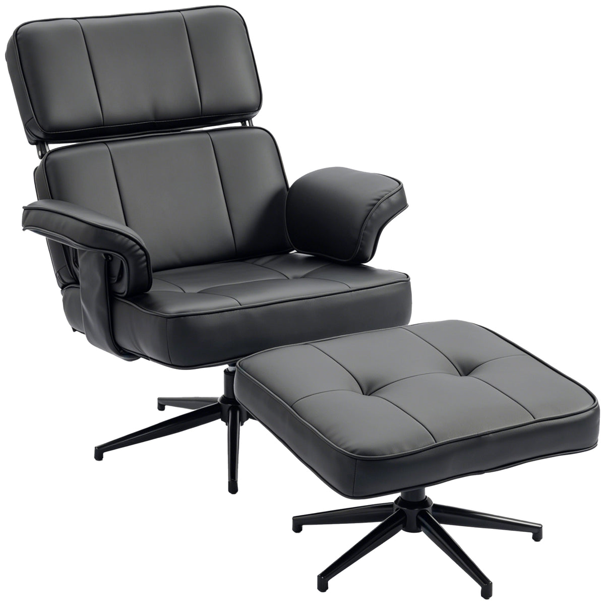 Adjustable recliner with footstool, faux leather upholstery, height-adjustable headrest, metal base, black