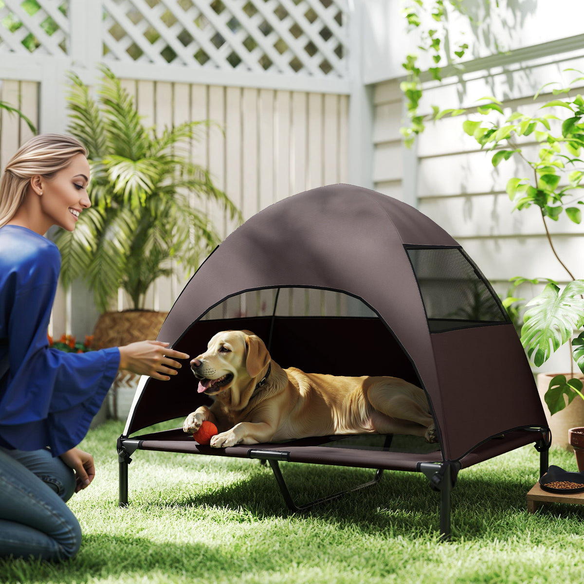 Outdoor Dog Cot with Canopy, Elevated Dog Bed for Large Dogs, 91 x 76 x 90 cm, Coffee (2)