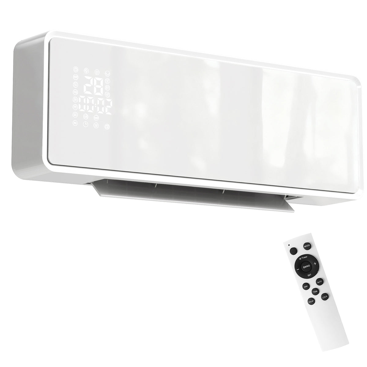 Wall-mounted 2000W ceramic electric heater, fan, thermostat, timer, remote control, glass panel, white – assembled