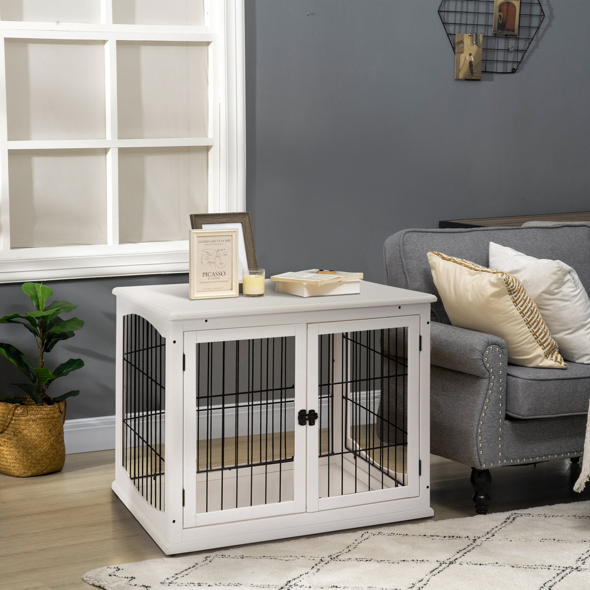 Dog transport crate 58.5 cm x 81 cm x 66 cm doors, MDF wood iron, 58.5 cm x 81 cm x 66 cm, white (2)