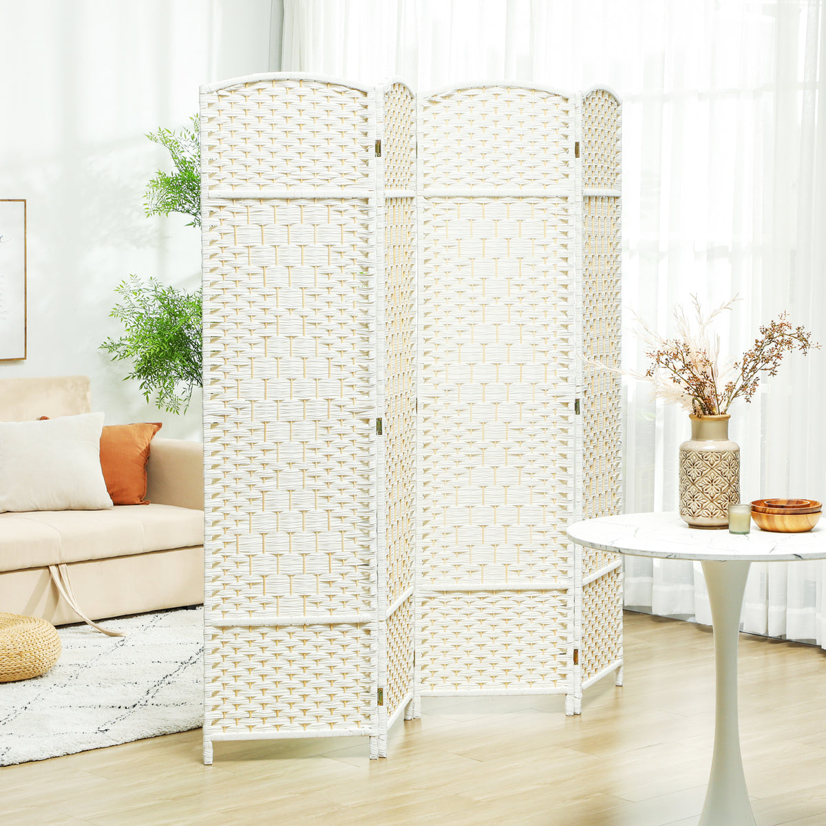 Room divider, 4-panel foldable partition, woven pattern, pinewood, white (2)