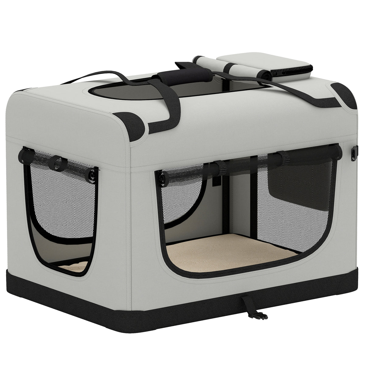 Pet carrier bag, soft dog carrier with safety leash, cushion and bowl, light grey