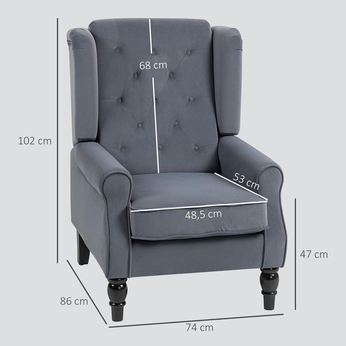 Wingback chair, reclining chair, armchair, vintage design, button tufting, turned legs, 74 cm x 86 cm x 102 cm (3)