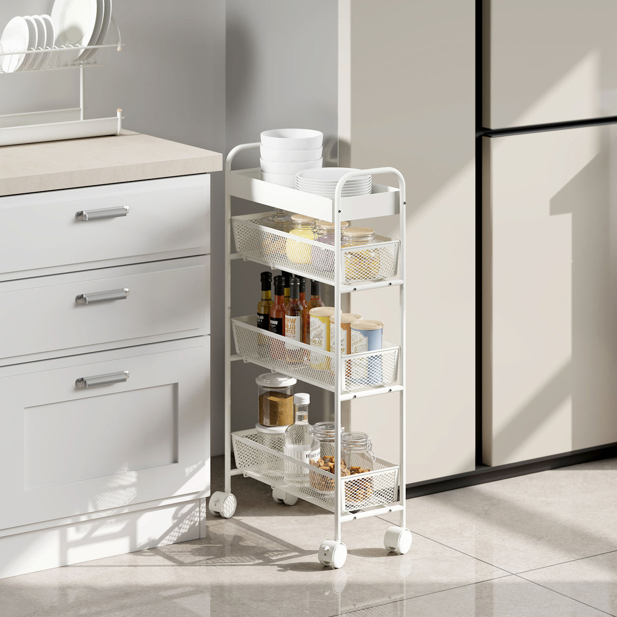 Metal kitchen trolley, 3 baskets, narrow design, 4 wheels, for kitchen, living room, bathroom, white (10)