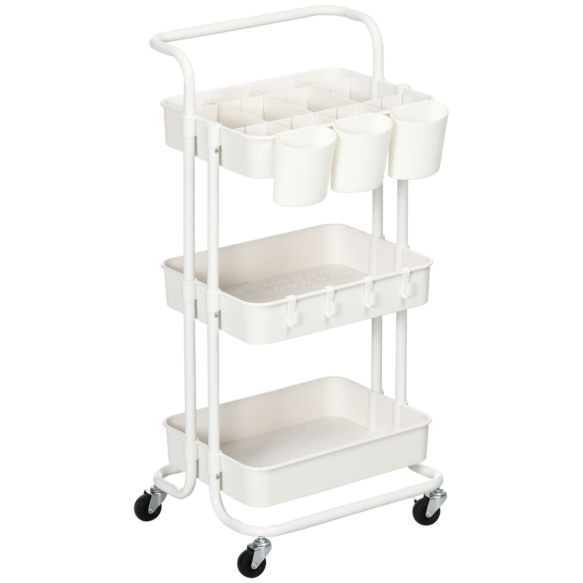 Rolling cart, serving trolley, 3 storage baskets, 3 hanging bins, 4 hooks, metal frame, 42 x 38 x 86.5cm, white