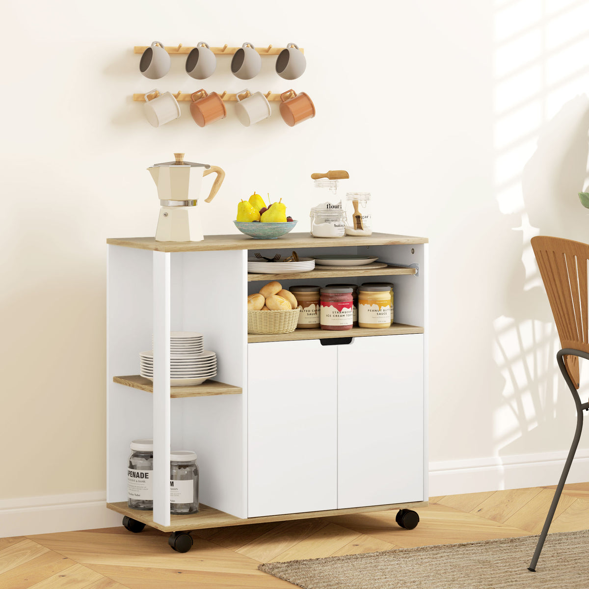 Rolling kitchen island with storage, cabinet, adjustable shelves, for kitchen, living room, dining room, white (2)
