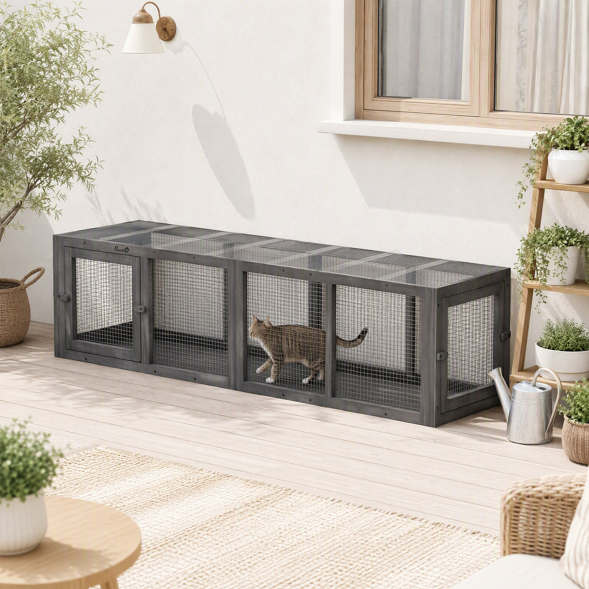 Cat tunnel, wooden cat toy with 3 doors, expandable play tunnel for cats up to 10 kg, 151.5 x 38.5 cm grey (8)