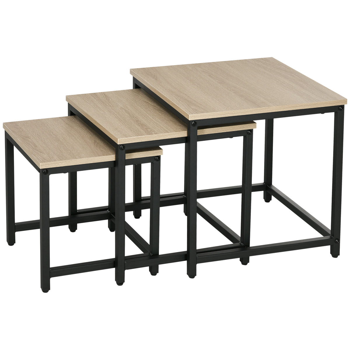 Set of 3 nesting tables, industrial design, black steel frame, wood-look tabletop