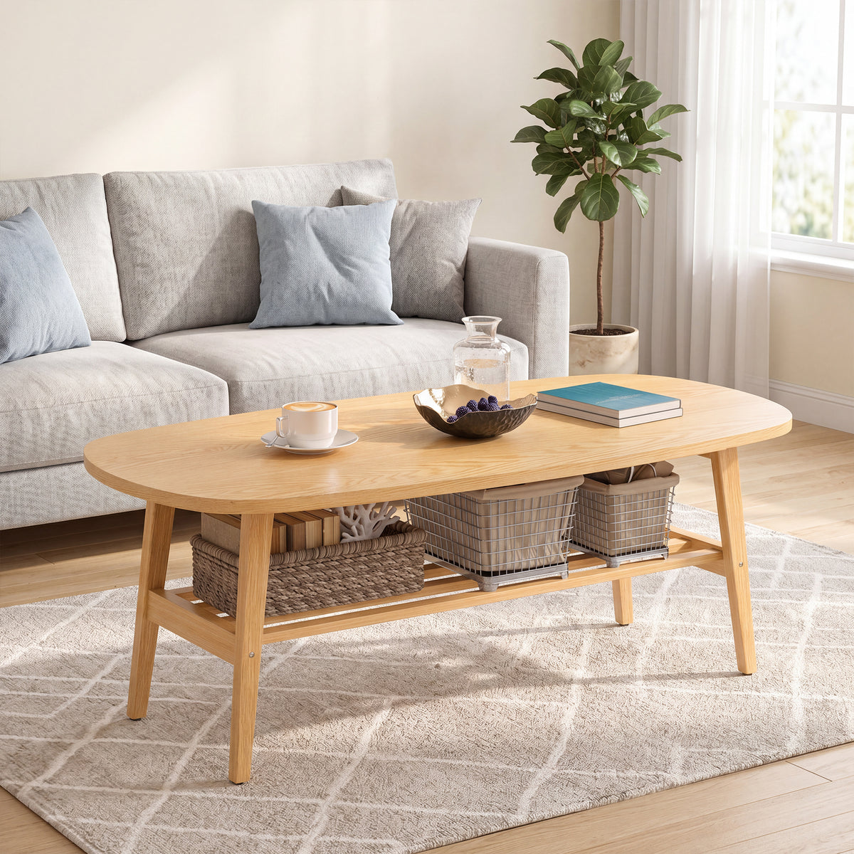 Coffee table living room table with shelf, coffee table for living room, bedroom, 120 x 60 x 42 cm, natural wood (2)