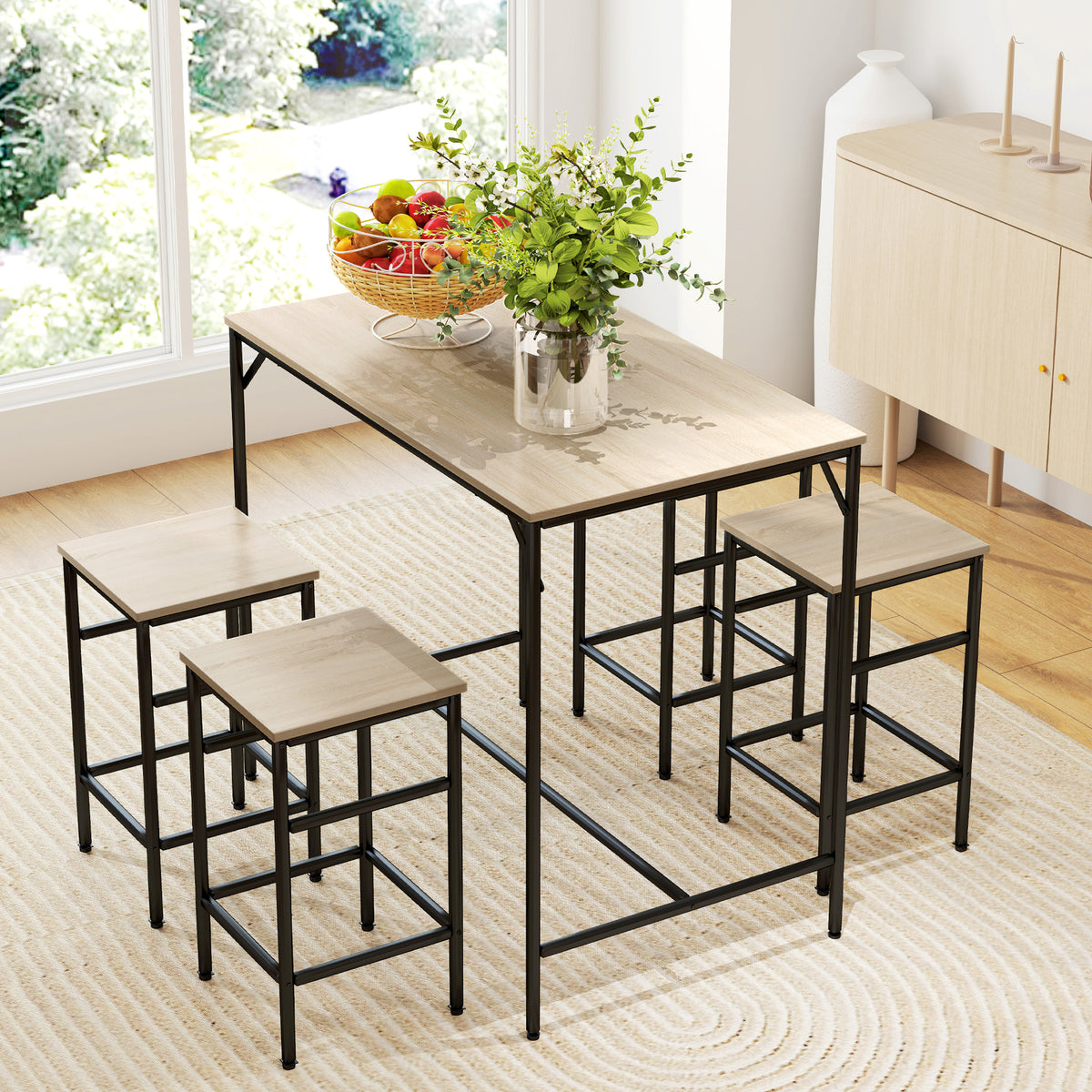 Bar table set, high table with 4 bar stools, 5-piece table set, steel/oak (2)