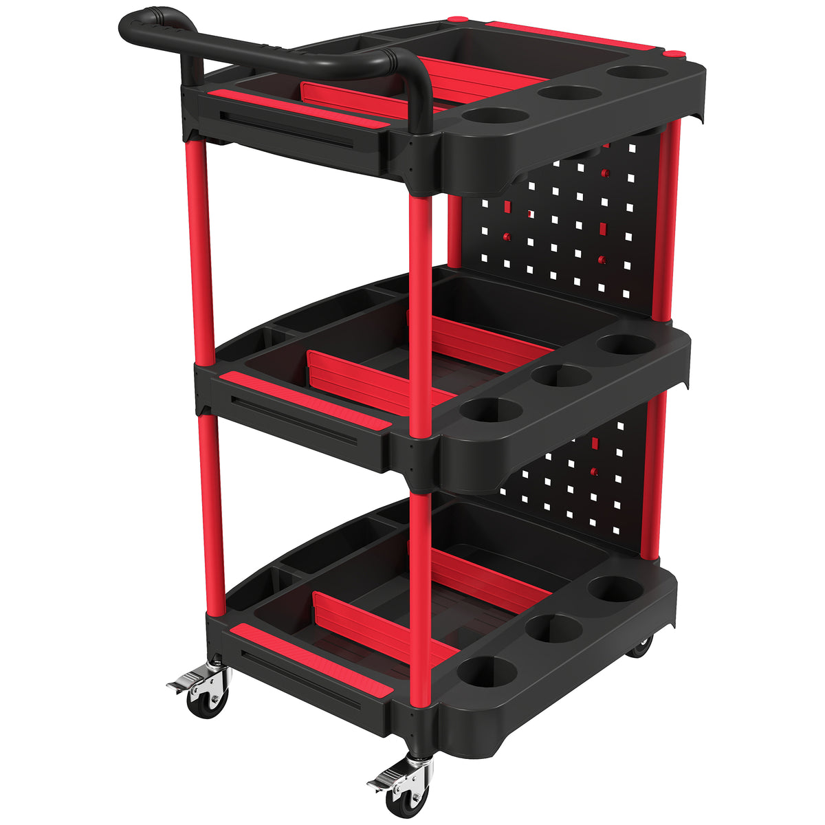 3-tier tool trolley with pegboard and hooks, rolling workshop cart with brakes, black/red