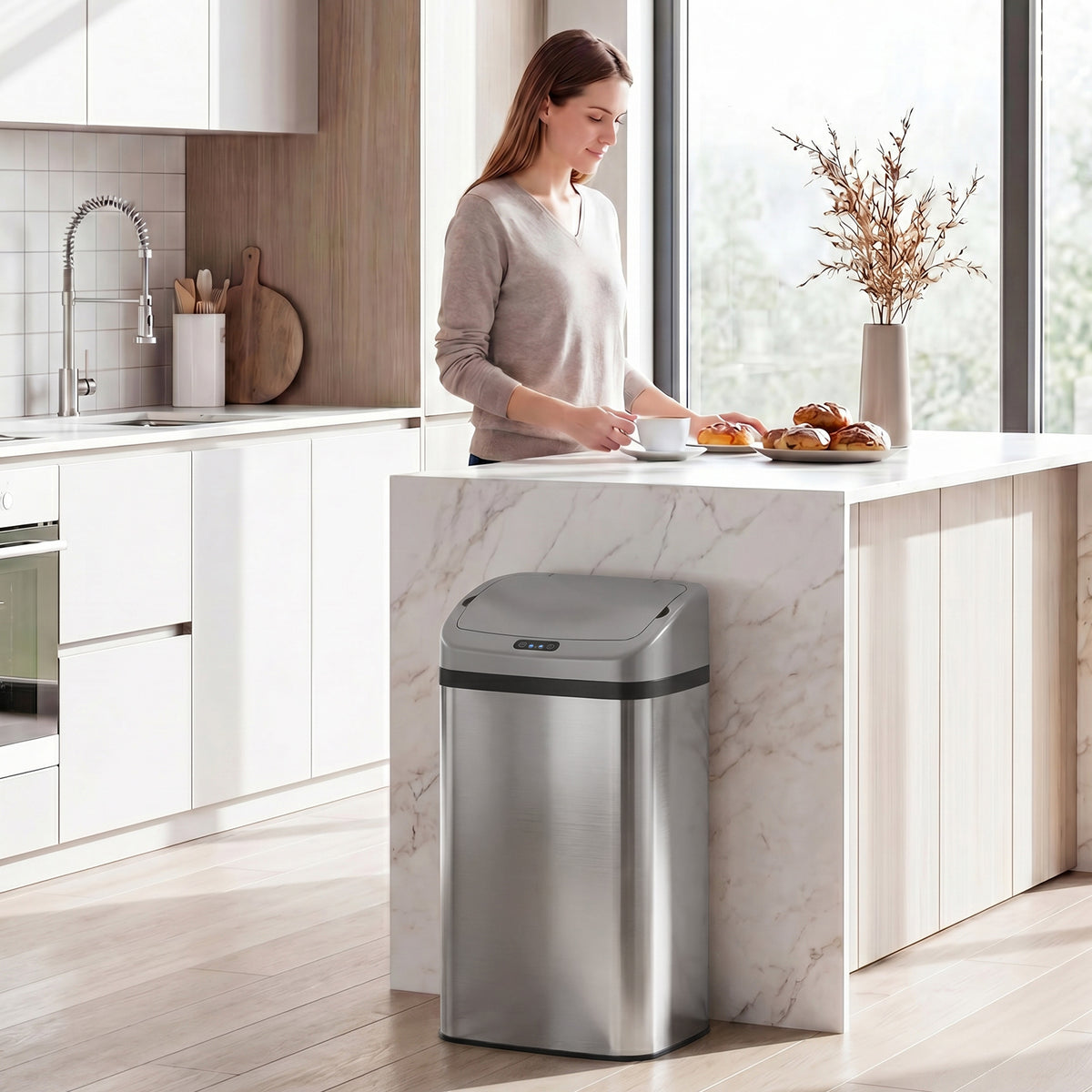 48 L sensor trash can for kitchen or office, automatic closing function, stainless steel, silver tone (2)