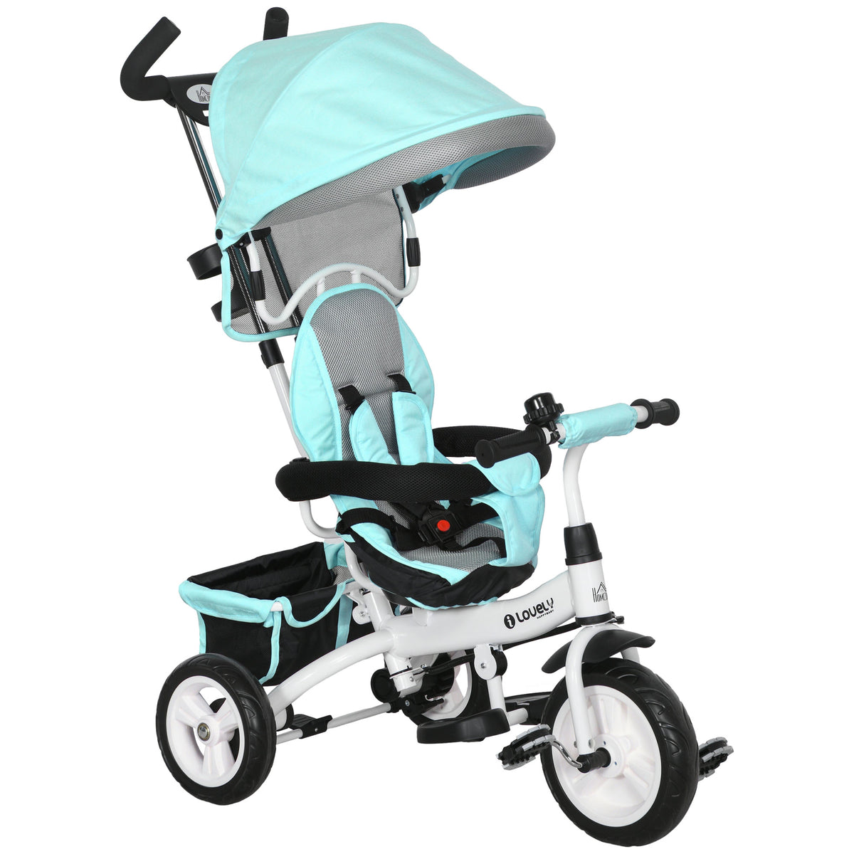 6-in-1 children's tricycle with push bar, canopy, harness, storage basket, for ages 1-5, green