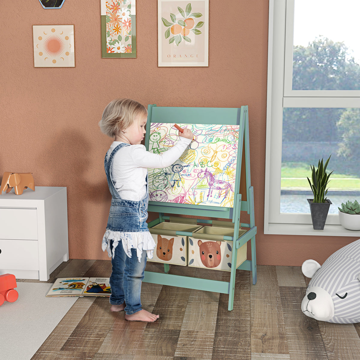 3-in-1 children's easel with paper roll, chalkboard, whiteboard, storage baskets, 54 x 46.5 x 93 cm, green (2)