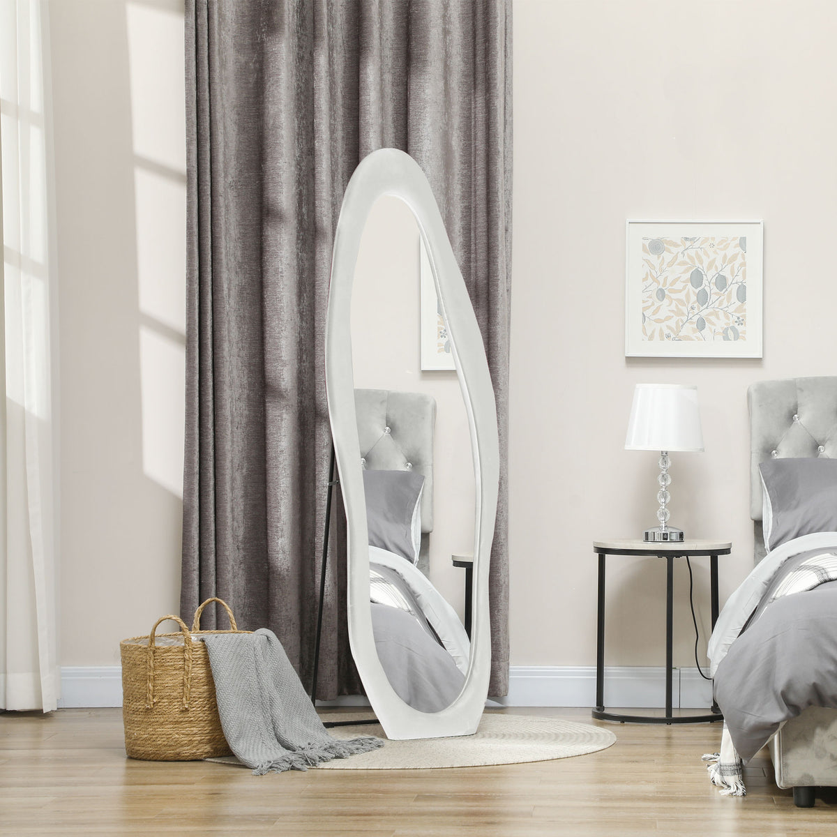 Full-length mirror, wavy shape, 160 x 50 cm, free-standing, velvet-like frame cover, bedroom, living room, white (2)
