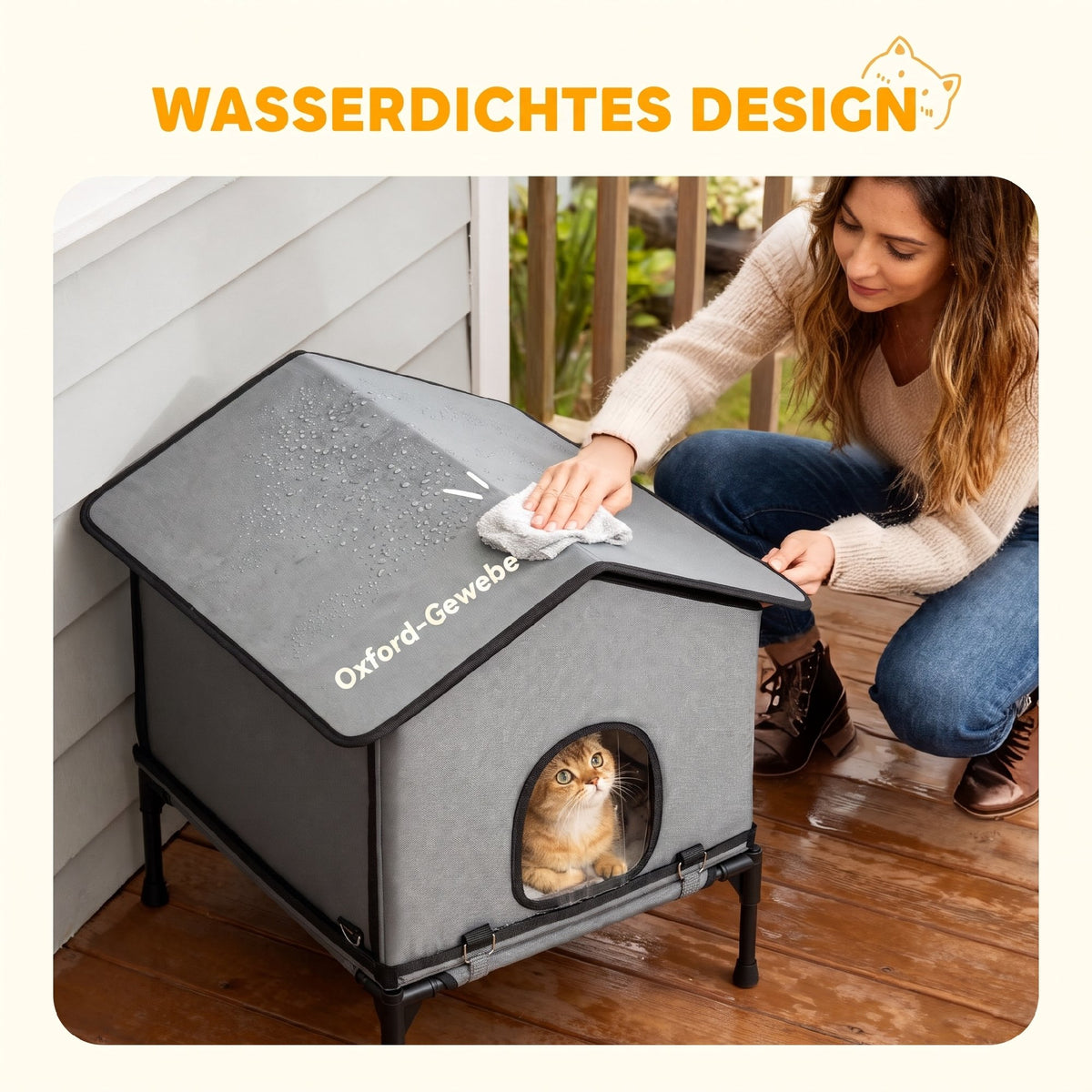 Foldable cat house, cat hut with cushion, elevated water-resistant cat cave 62 x 58.5 x 60 cm, grey (6)