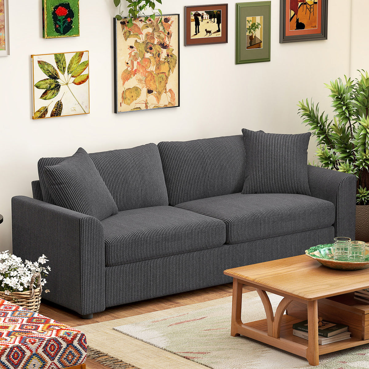 3-seater sofa with decorative cushions, corduroy sofa for living room, bedroom, 212 cm wide, dark grey (2)