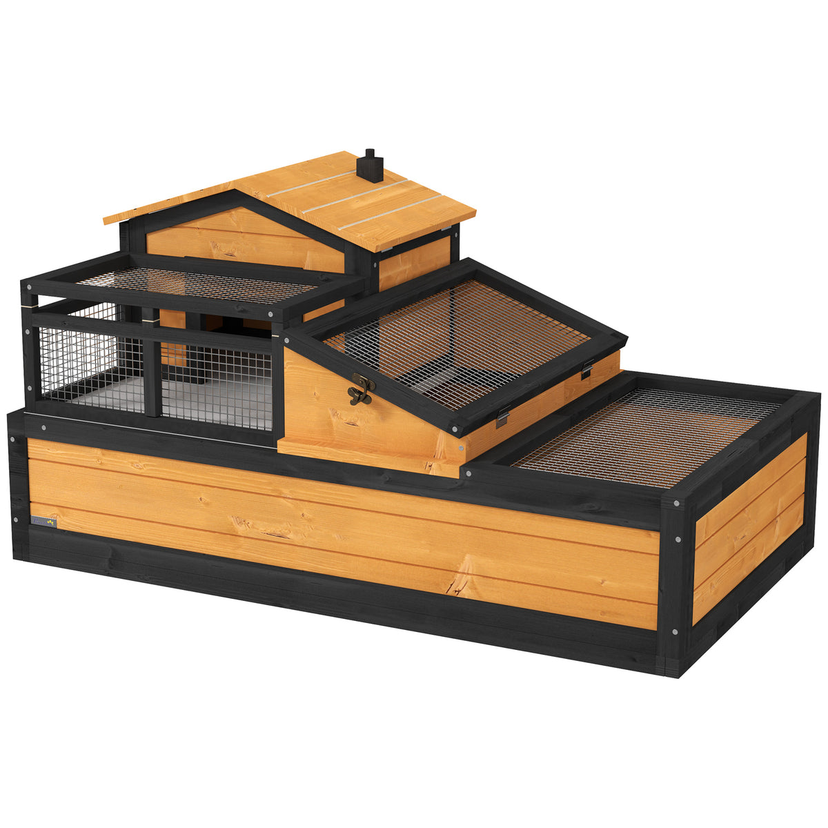 Tortoise house, 2 levels, for indoor and outdoor use, drawer, fir wood, yellow