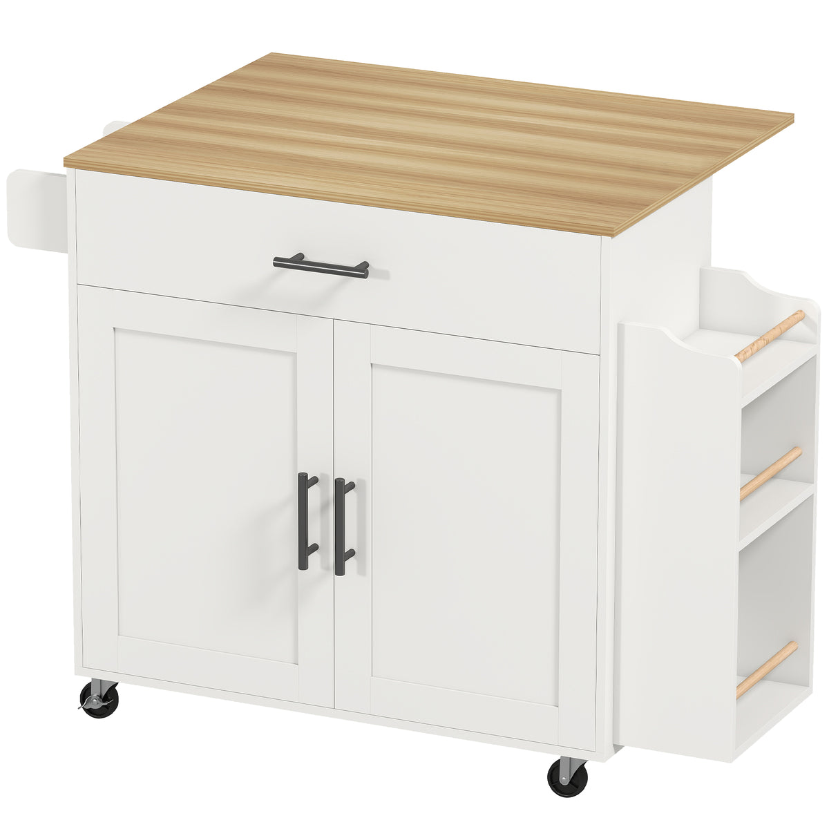 Kitchen island, kitchen trolley on wheels, with drop-leaf countertop, drawer, shelf, 120 x 68 x 85 cm, white