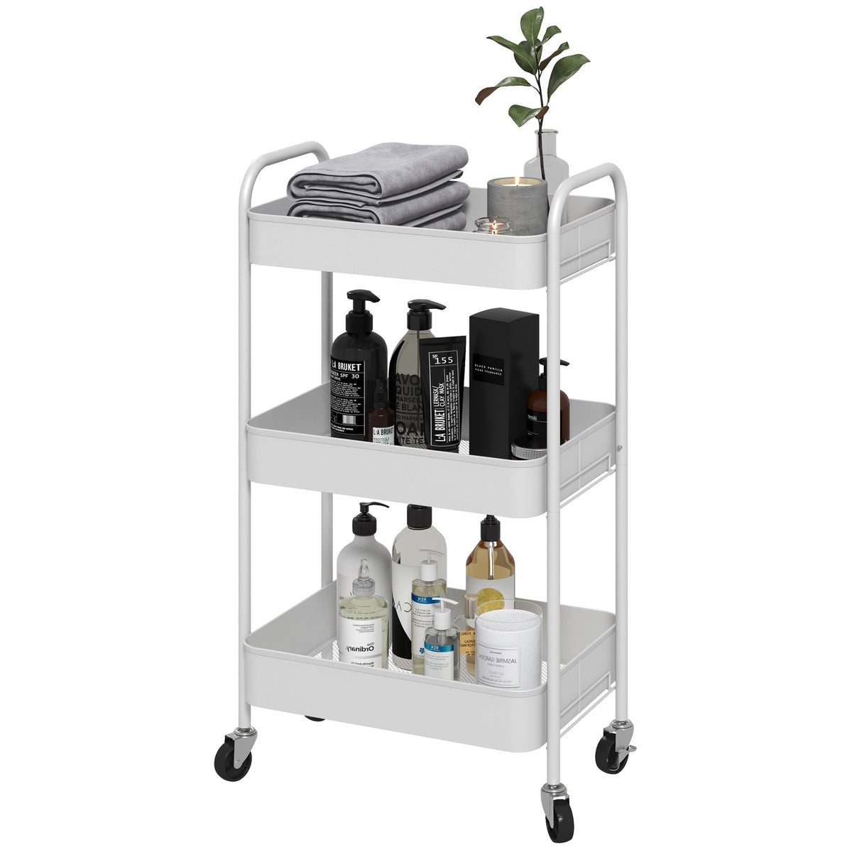 Multipurpose trolley, rolling cart, kitchen cart, 3 shelves, 4 wheels, 45 cm x 30.6 cm x 79 cm, white