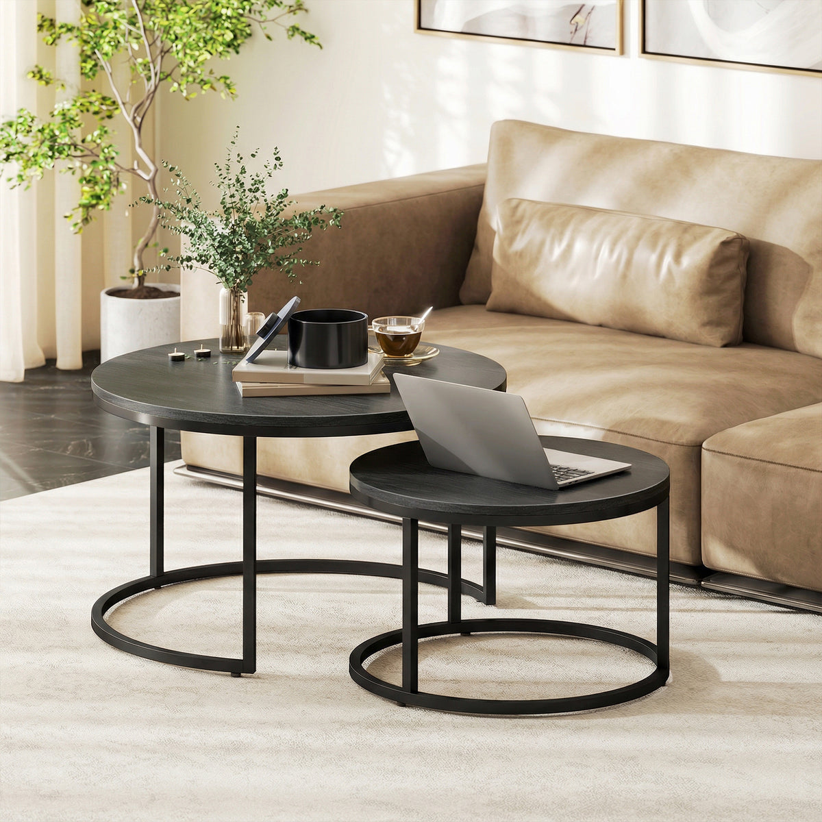 Modern coffee table set of 2, stackable side tables with metal frame for living room, bedroom, office, black (2)