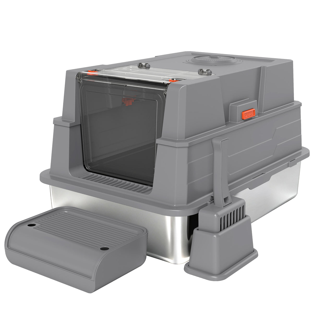 XXL Stainless Steel Cat Litter Box 130L with 180° Hinged Lid, High Sides, Scoop, and Step, 70x50x43cm, Grey