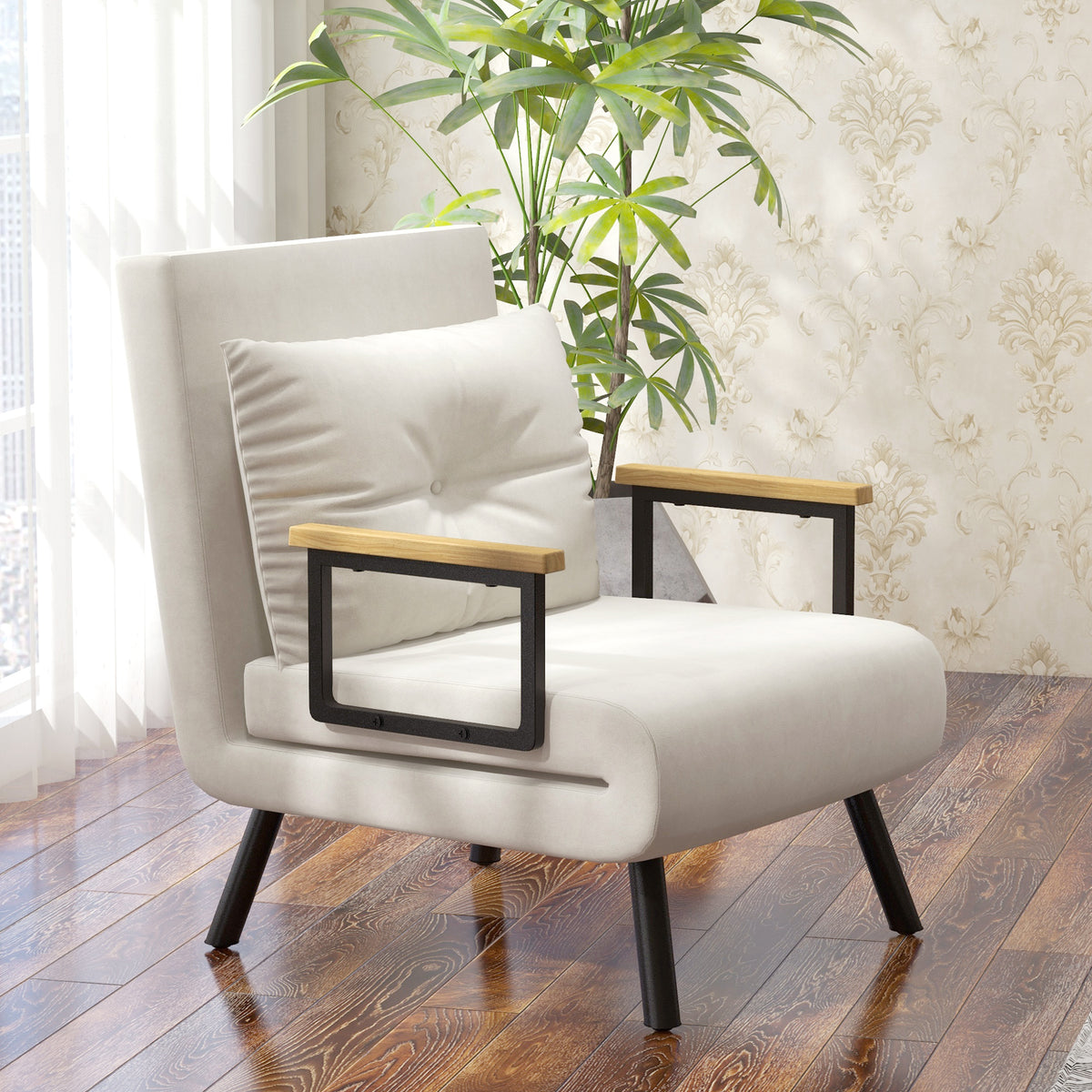 Scandinavian-style relax armchair, reclining chair, reading chair. Incl. cushion with button tufting, cream (2)